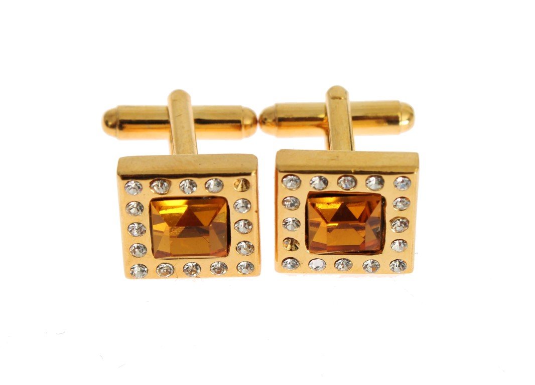 Clear Orange Crystal Gold Brass Cufflinks