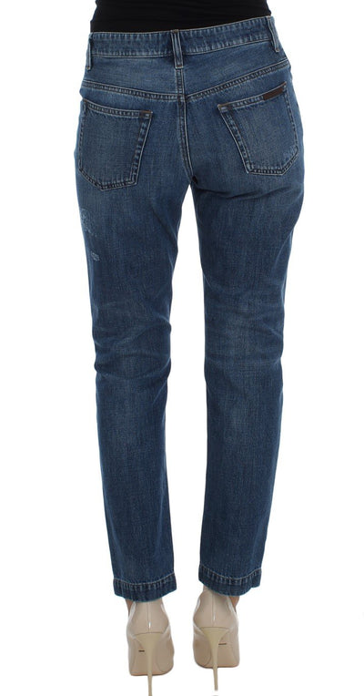Blue Wash Torn Cotton Boyfriend Fit Jeans