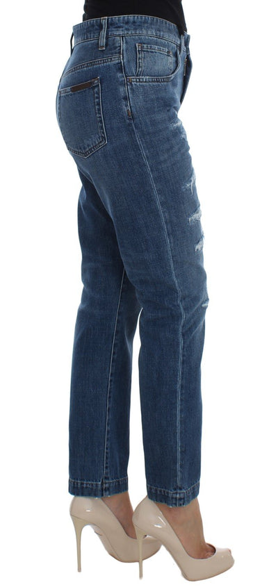 Blue Wash Torn Cotton Boyfriend Fit Jeans