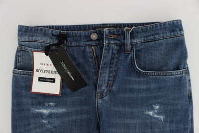 Blue Wash Torn Cotton Boyfriend Fit Jeans