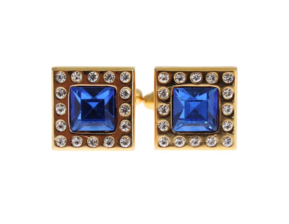 Clear Blue Crystal Gold Brass Cufflinks