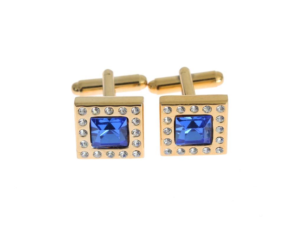 Clear Blue Crystal Gold Brass Cufflinks