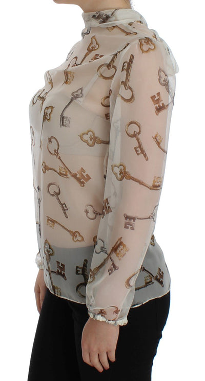 White Key Print Silk Necktie Blouse Top