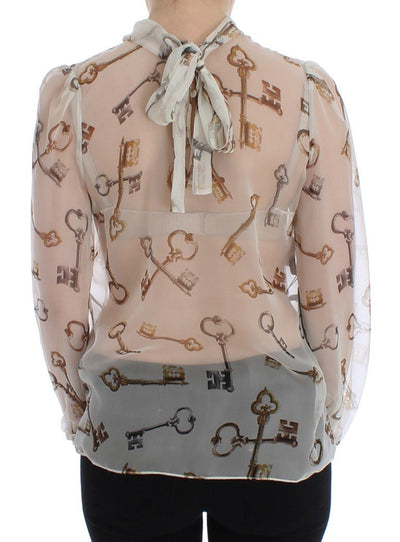 White Key Print Silk Necktie Blouse Top