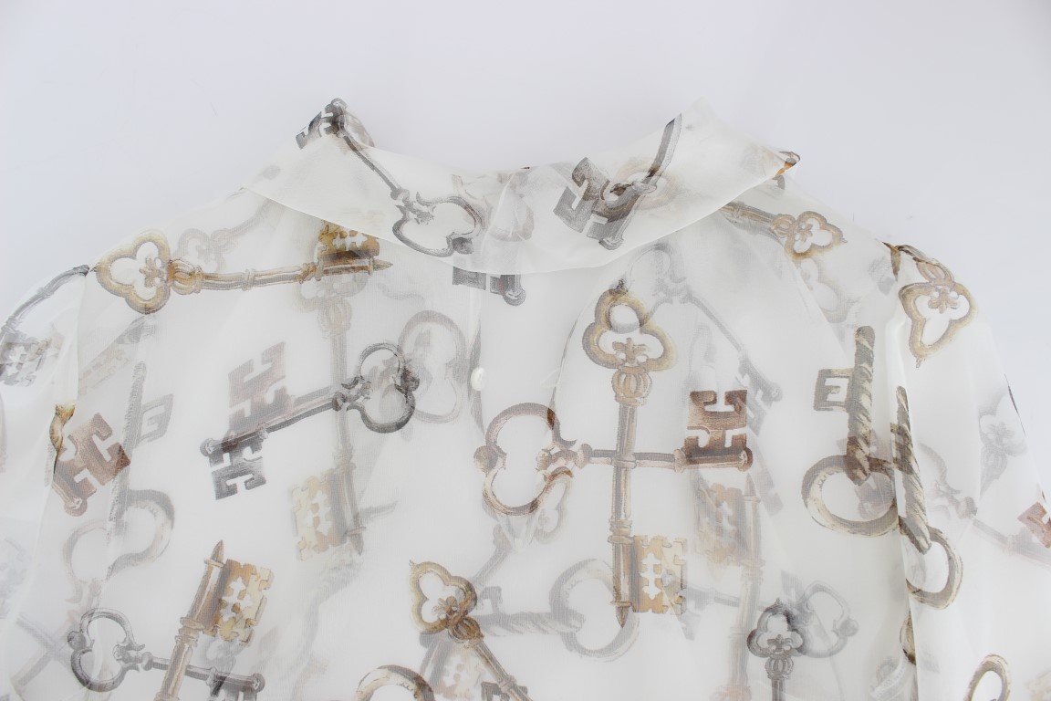White Key Print Silk Necktie Blouse Top