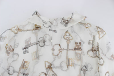 White Key Print Silk Necktie Blouse Top