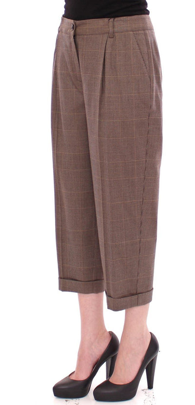 Brown Virgin Wool Checkered Cropped Pants
