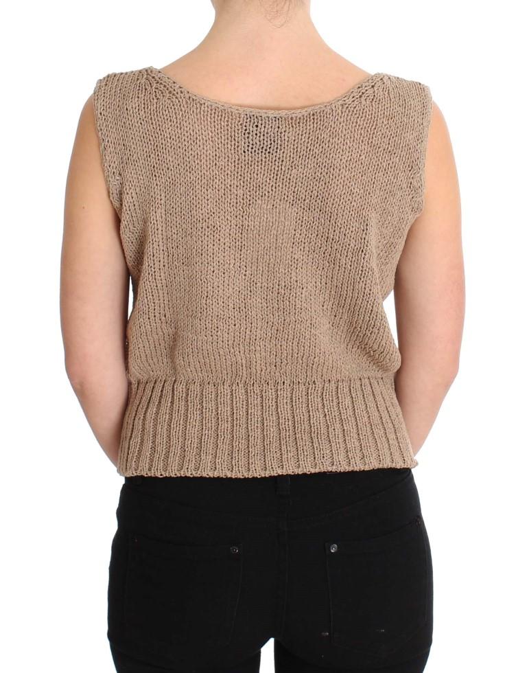 Beige Cotton Knitted Sleeveless Sweater