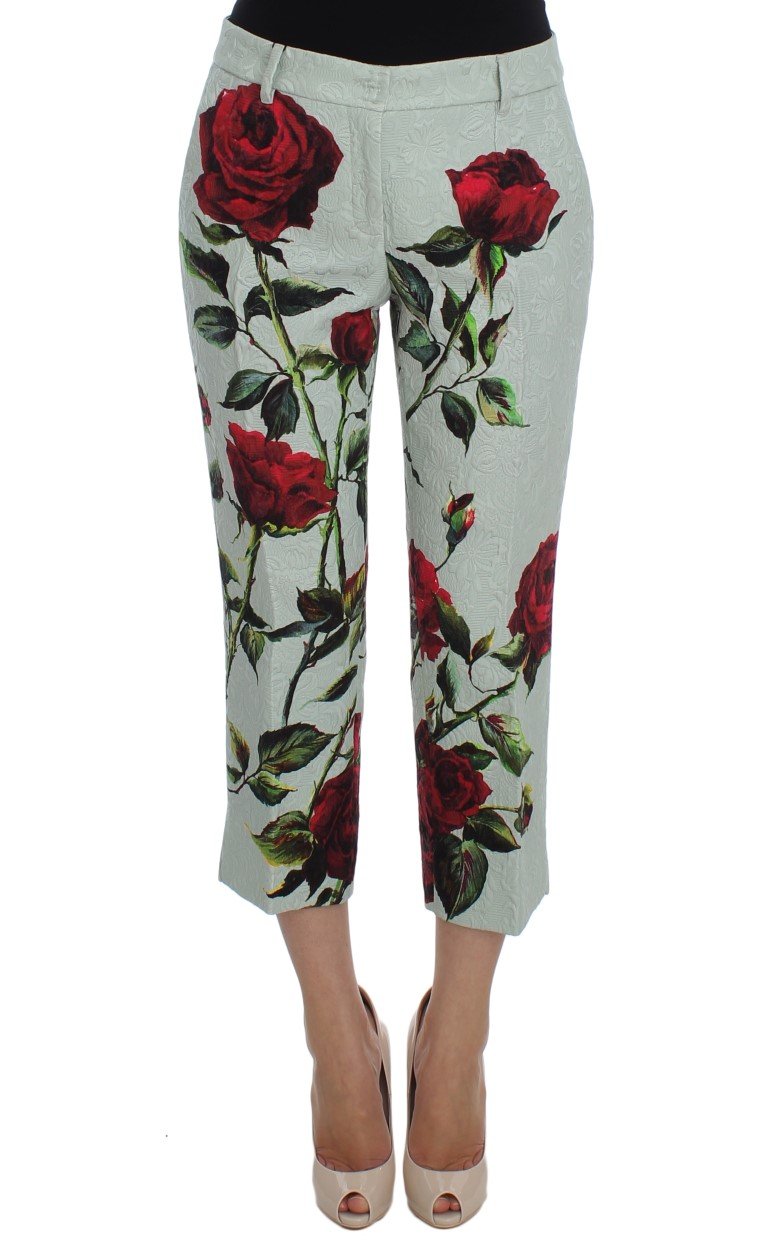 Green Brocade Roses Print Capri Pants