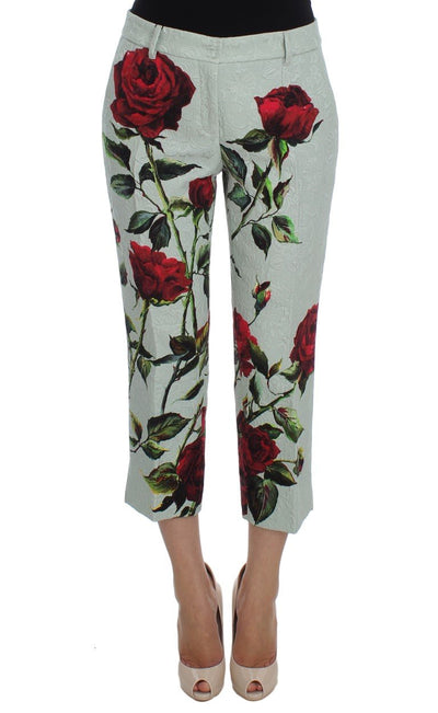 Green Brocade Roses Print Capri Pants