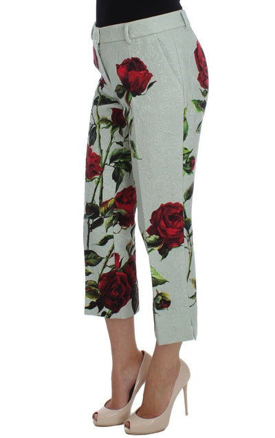 Green Brocade Roses Print Capri Pants