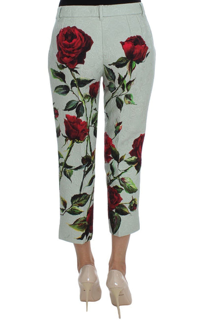Green Brocade Roses Print Capri Pants