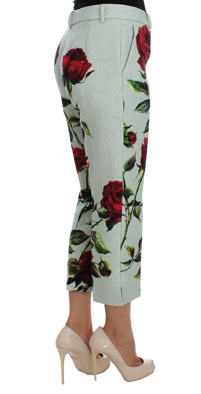 Green Brocade Roses Print Capri Pants