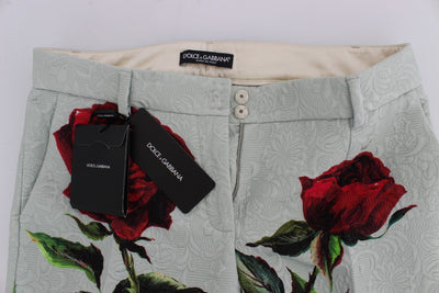 Green Brocade Roses Print Capri Pants
