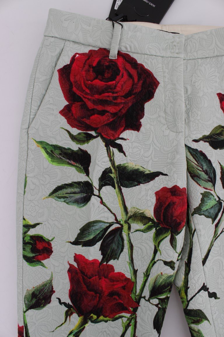 Green Brocade Roses Print Capri Pants