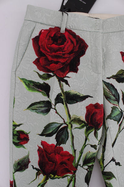Green Brocade Roses Print Capri Pants