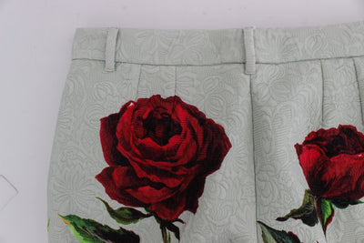 Green Brocade Roses Print Capri Pants