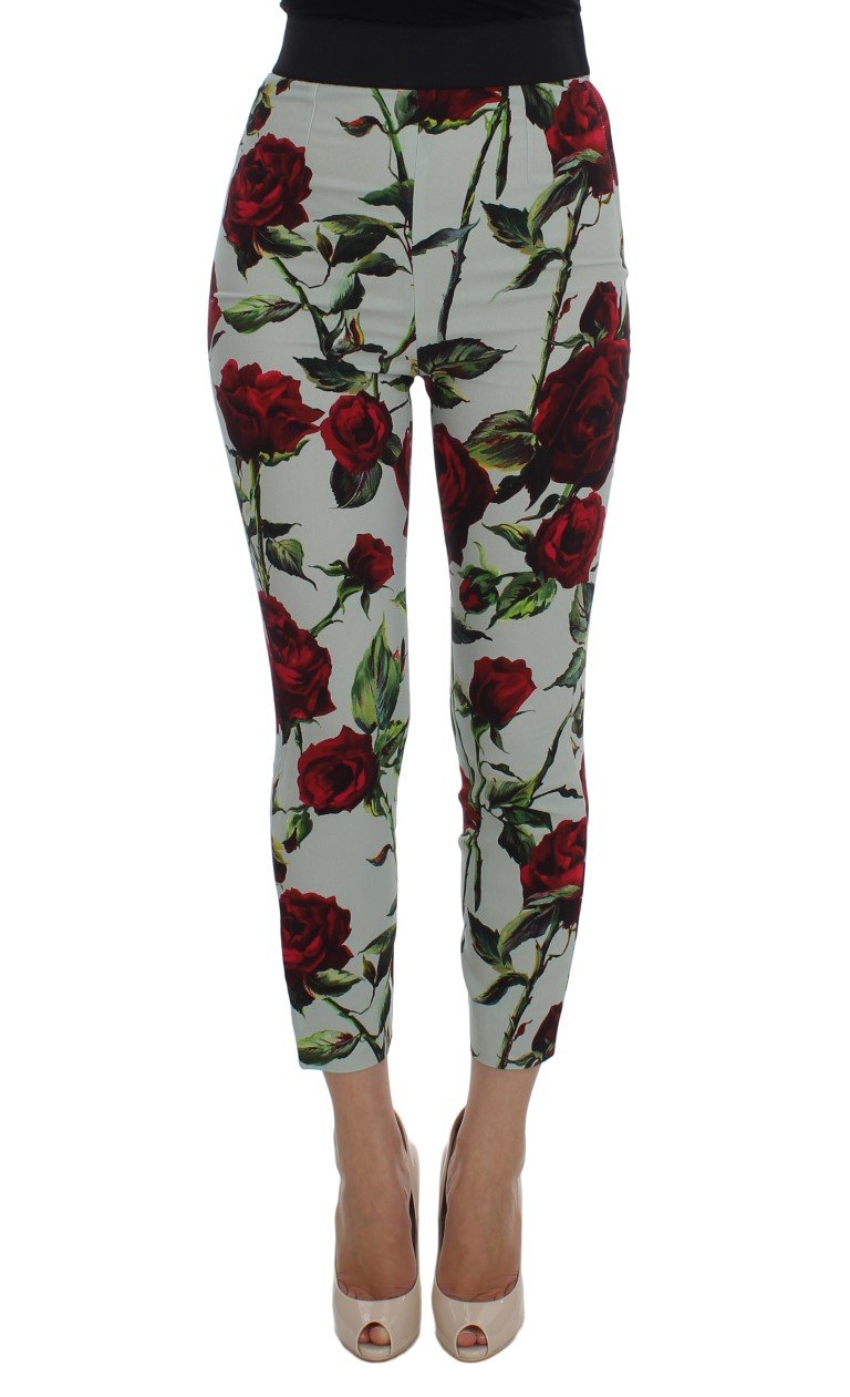 Green Roses Print Stretch Tights Pants