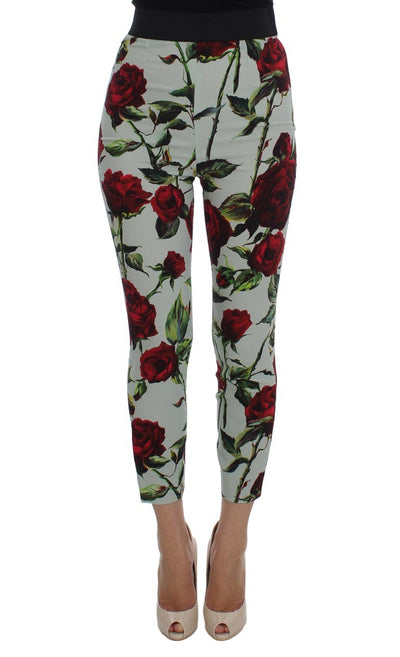 Green Roses Print Stretch Tights Pants