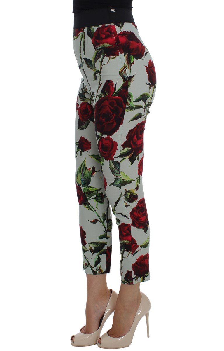 Green Roses Print Stretch Tights Pants