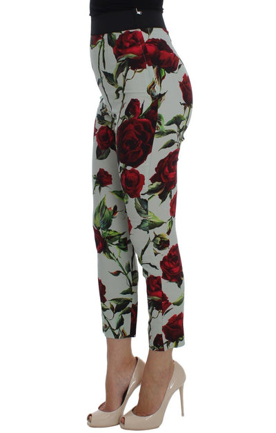 Green Roses Print Stretch Tights Pants