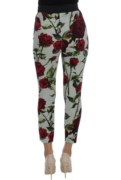 Green Roses Print Stretch Tights Pants