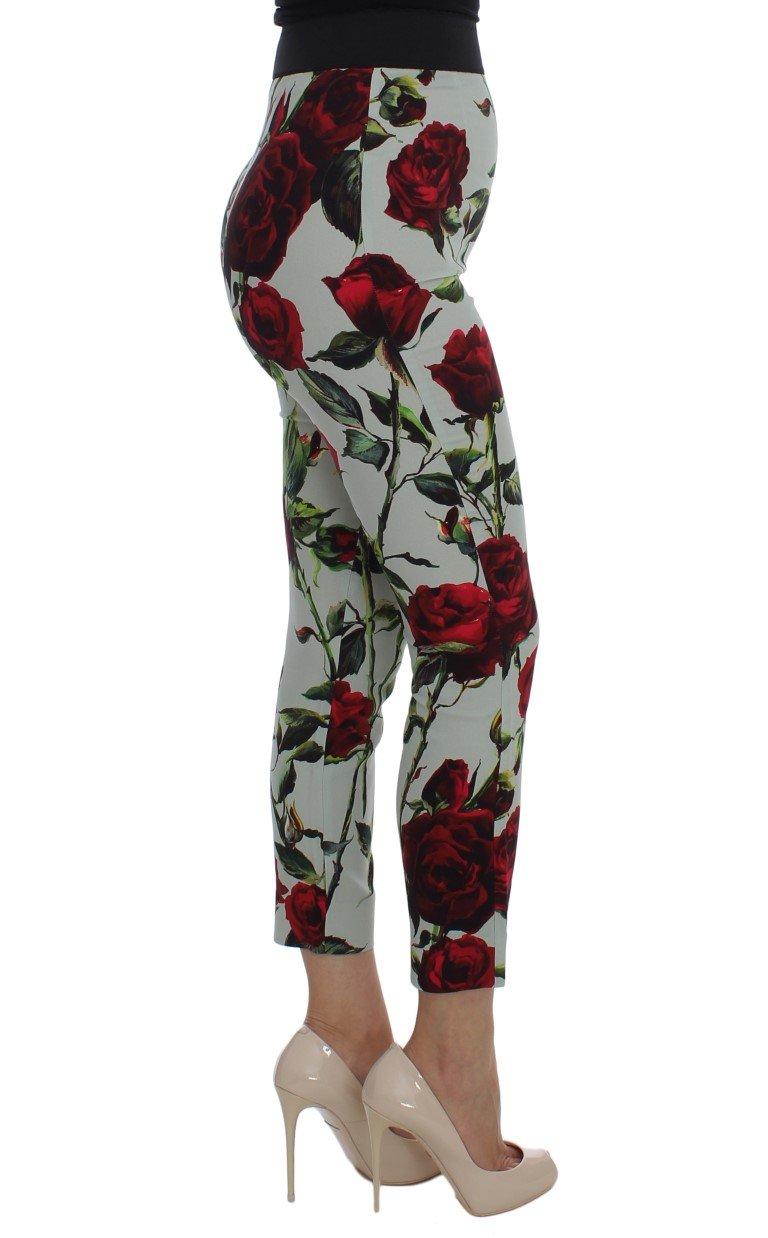 Green Roses Print Stretch Tights Pants