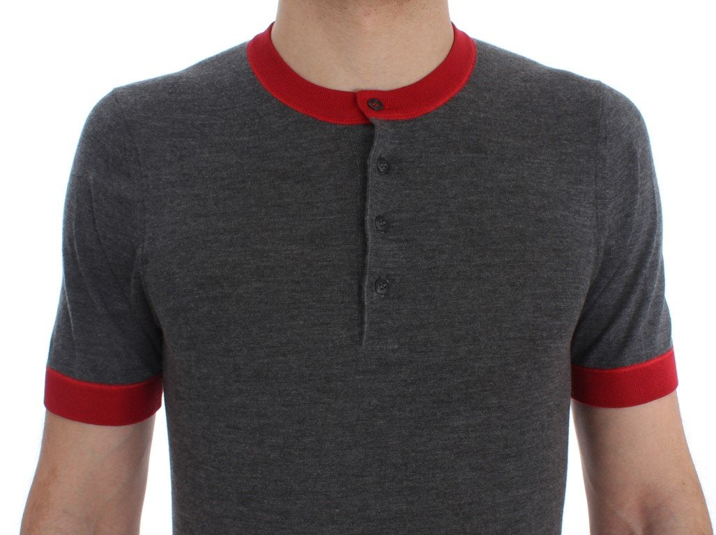 Gray Red Cashmere Silk Henley T-shirt