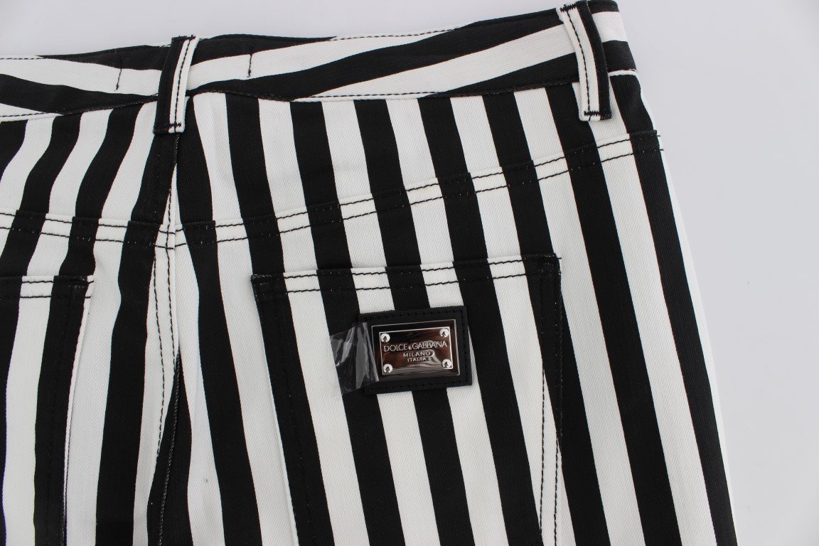 White Black Striped Cotton Stretch Jeans