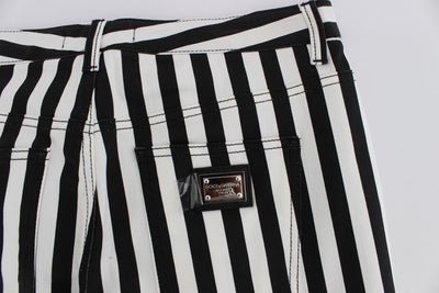 White Black Striped Cotton Stretch Jeans