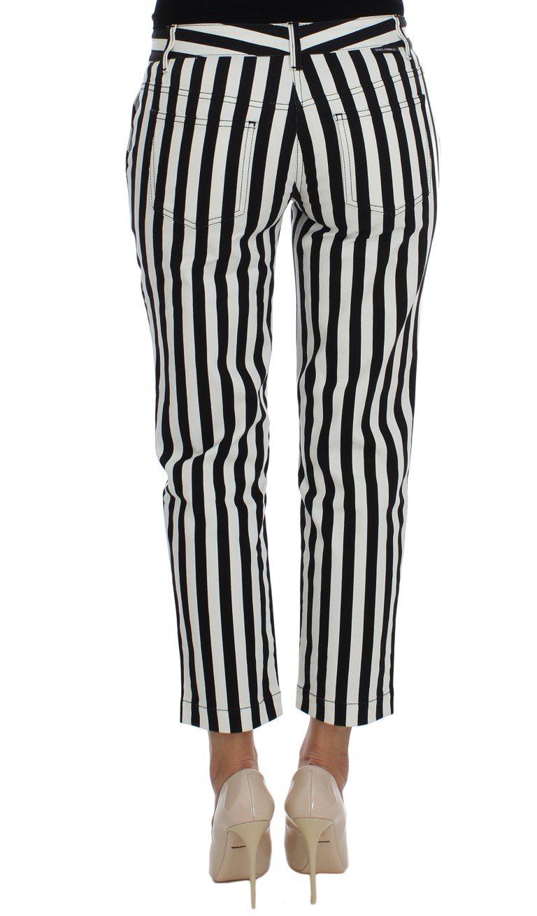 White Black Striped Cotton Stretch Jeans