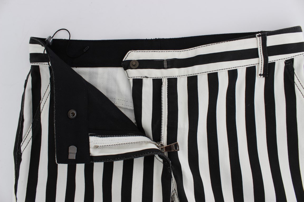 White Black Striped Cotton Stretch Jeans