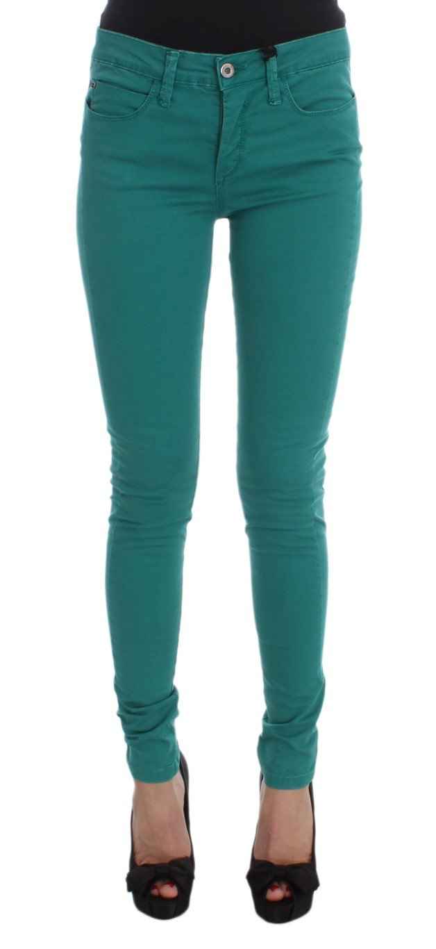 Green Cotton Blend Slim Fit Jeans