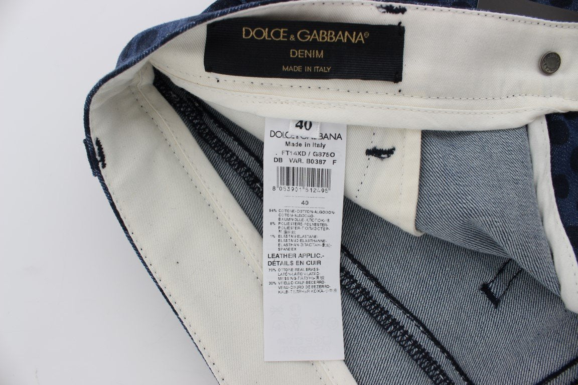 Blue Polka Dotted Denim Cotton Stretch Jeans