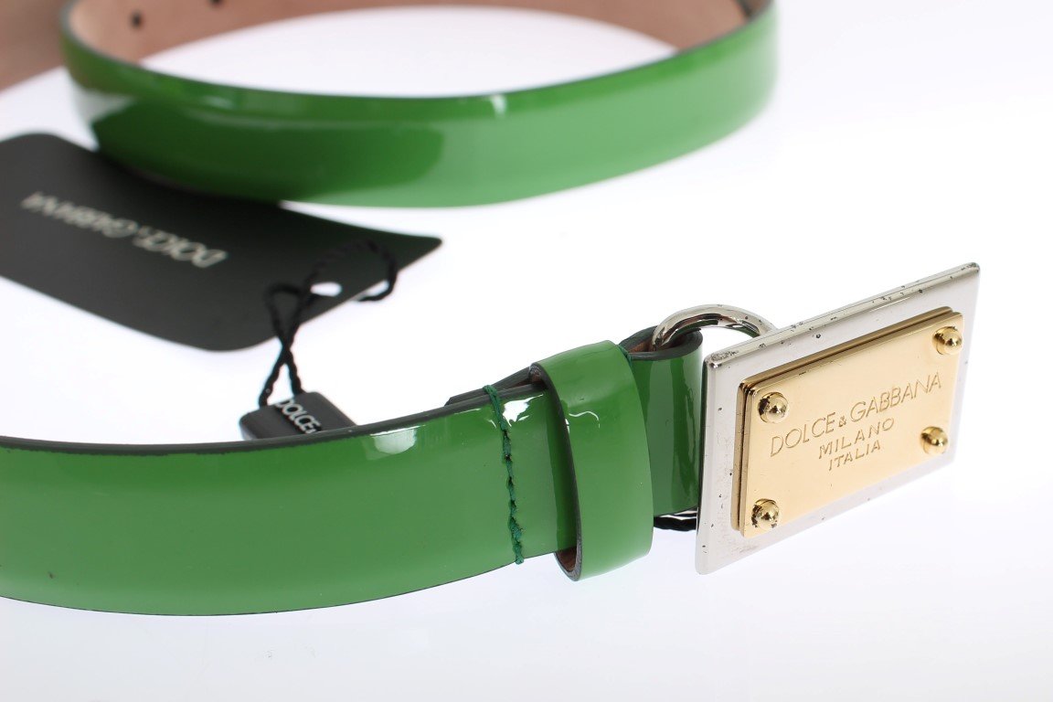 Green Leather Gold Branded Buckle Belt