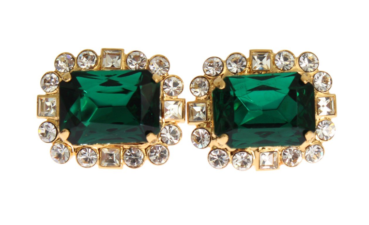 Gold Brass Clear Green Crystal Cufflinks