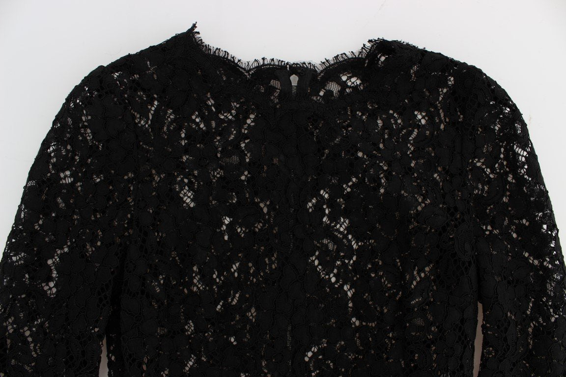 Black Ricamo Sheath Long Sleeve Dress