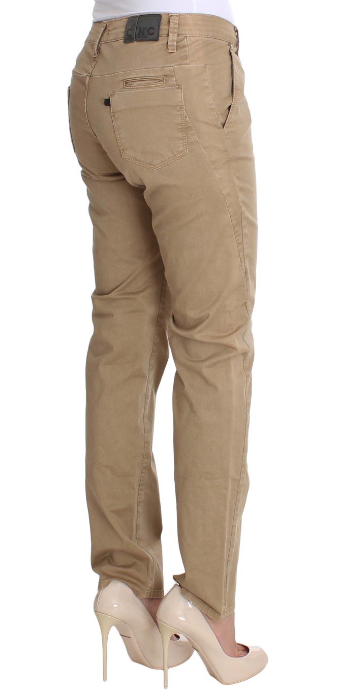 Beige Cotton Slim Fit Jeans