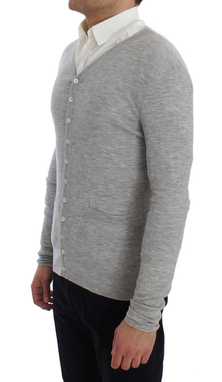 Gray Cashmere Ribbed Cardigan Sweater
