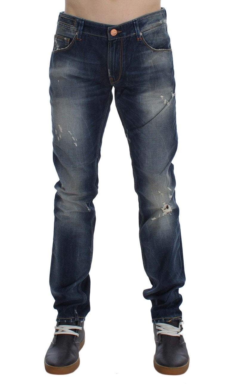 Blue Wash Torn Cotton Slim Skinny Fit Jeans