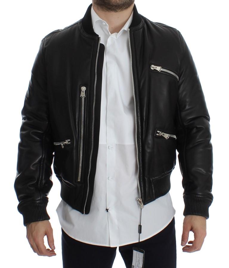 Black Lamb Skin Leather Bomber Jacket