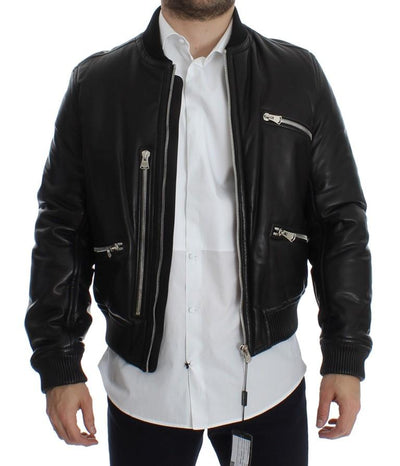Black Lamb Skin Leather Bomber Jacket