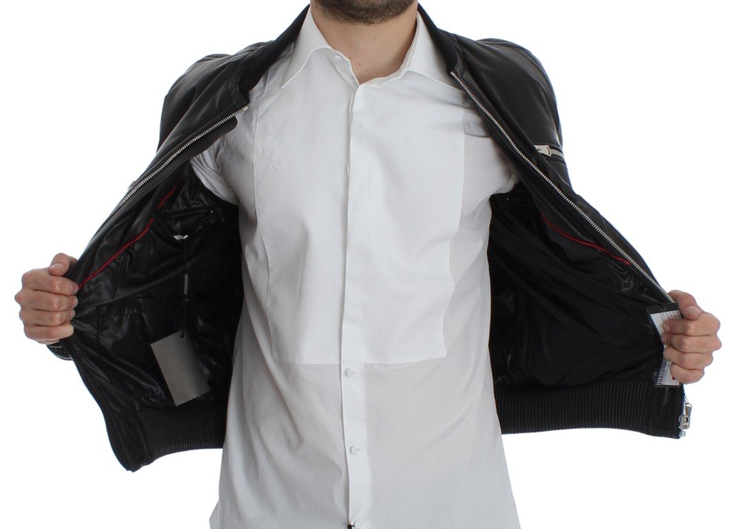 Black Lamb Skin Leather Bomber Jacket