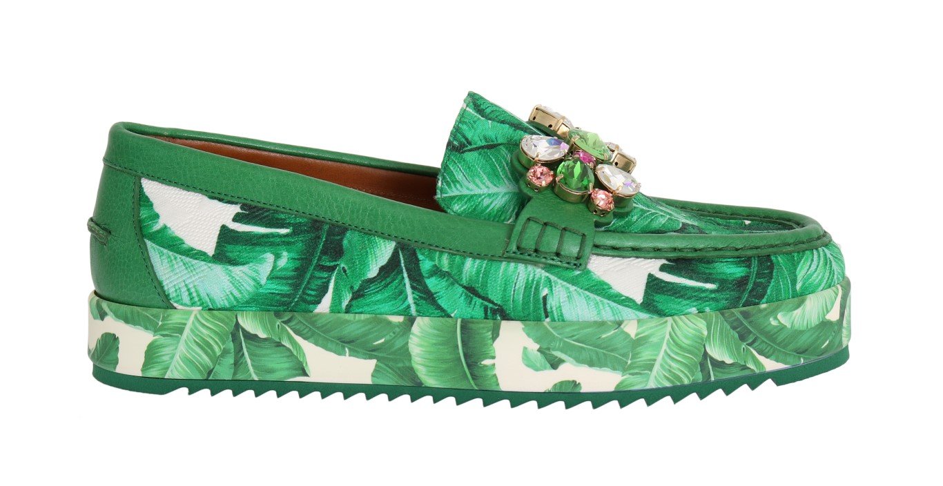 Green Banana Print Brocade Crystal Moccasins Shoes