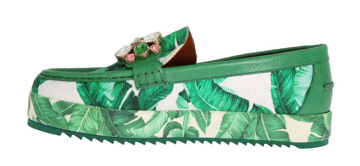 Green Banana Print Brocade Crystal Moccasins Shoes