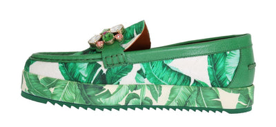 Green Banana Print Brocade Crystal Moccasins Shoes