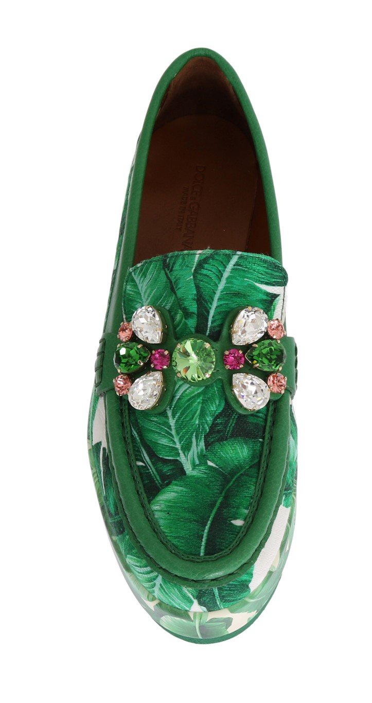 Green Banana Print Brocade Crystal Moccasins Shoes