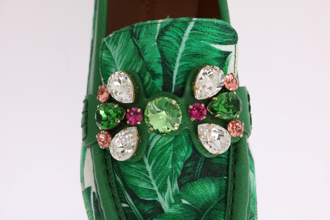 Green Banana Print Brocade Crystal Moccasins Shoes