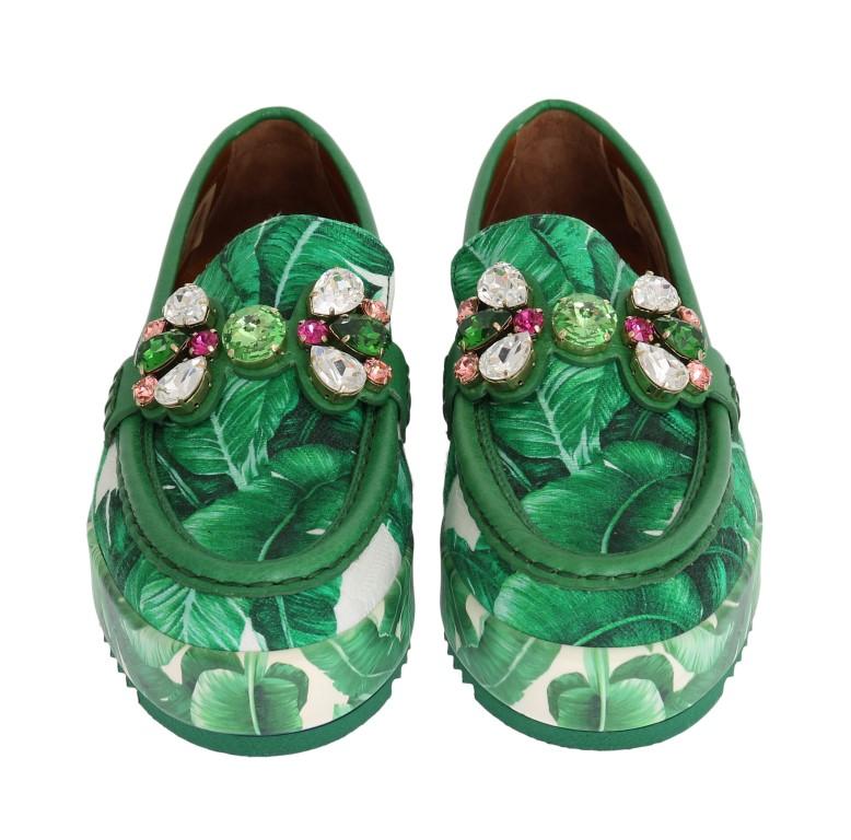 Green Banana Print Brocade Crystal Moccasins Shoes