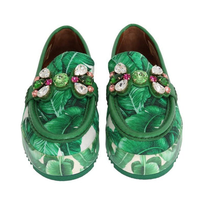 Green Banana Print Brocade Crystal Moccasins Shoes
